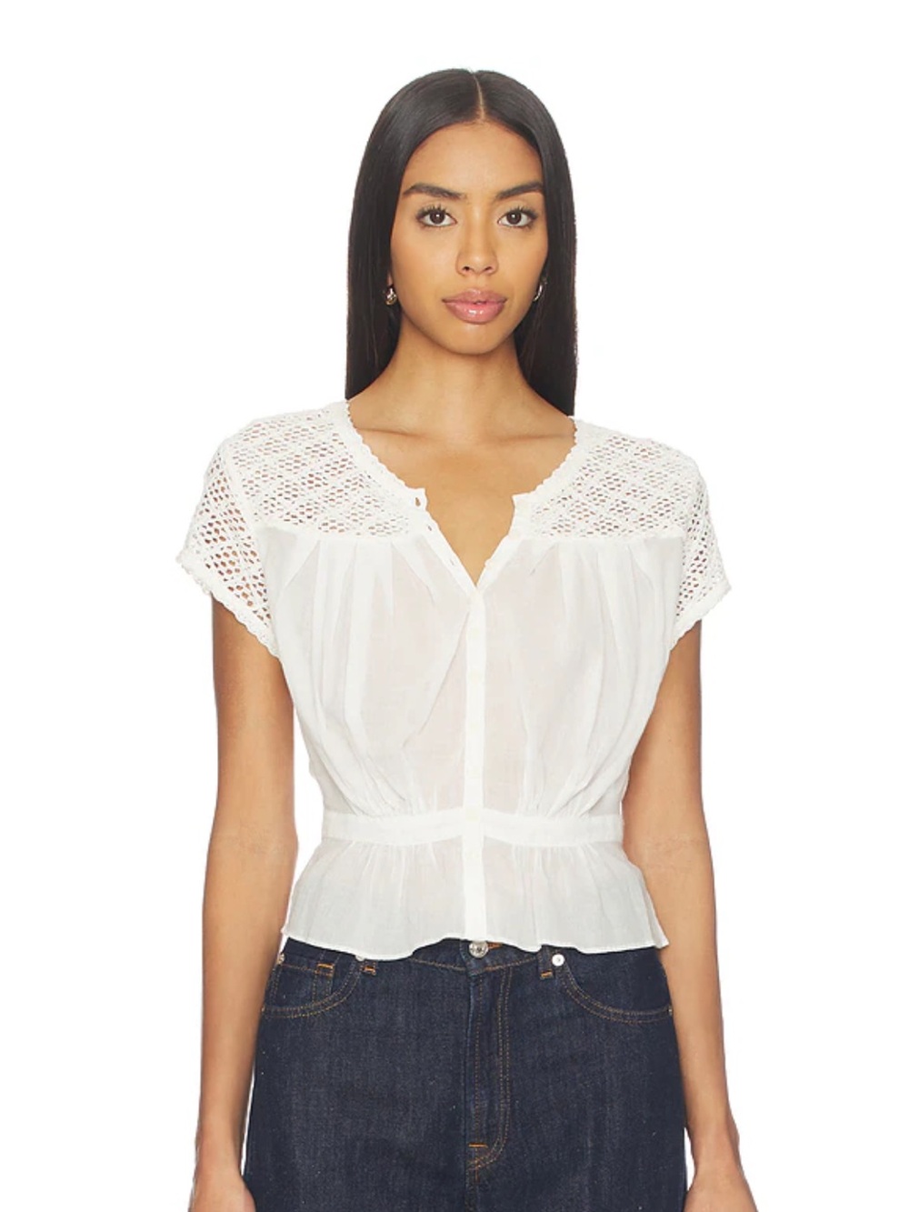 Free People White Crochet Yoke Peplum Blouse